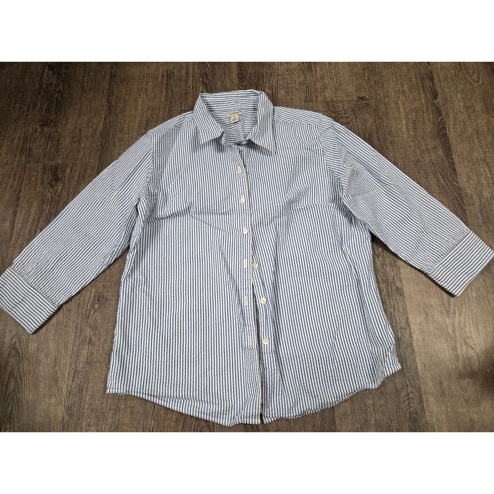 L.L. Bean Blue and White Striped Button-Up Blouse